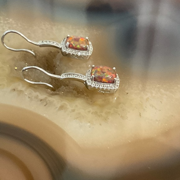 Silver fire opal dangle CZ earrings rectangle cubic zirconia black opal - Picture 3 of 7